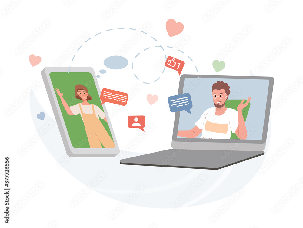 Dating application, video call application, or messenger vector flat illustration. Man and young girl speaking to each other via smartphone and laptop. Social media concept.