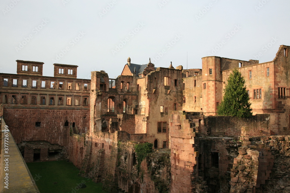 Close up View of Heidelberg Castle ruins during sunset in  early Spring in Heidelberg, Germany