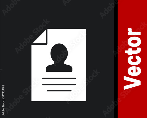 White Resume icon isolated on black background. CV application. Searching professional staff. Analyzing personnel resume. Vector.