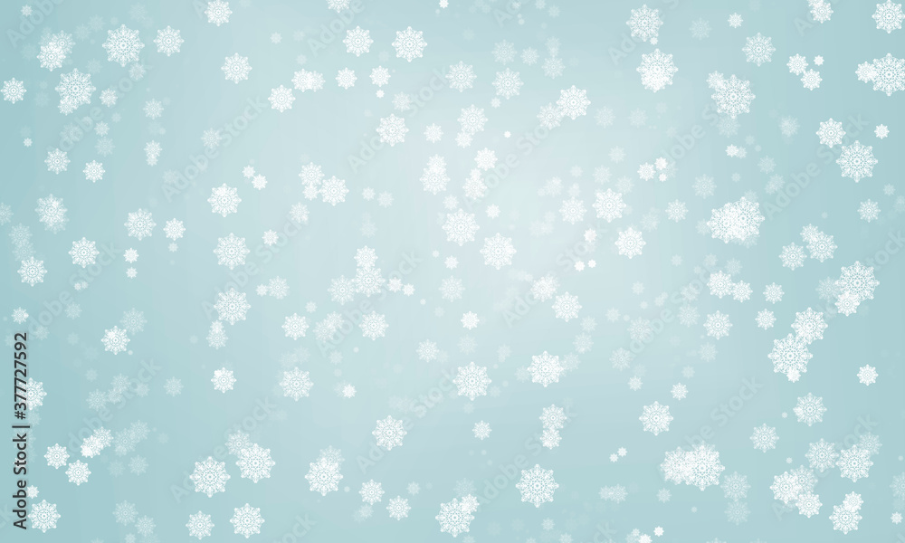 blue simple light winter background with curly snowflakes on a light background. Snowfall. Christmas universal background for cards, invitations, banners, brochures.