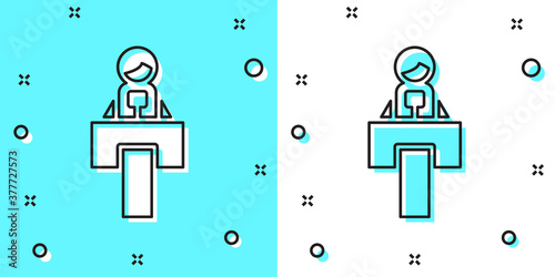 Black line Stage stand or debate podium rostrum icon isolated on green and white background. Conference speech tribune. Random dynamic shapes. Vector.
