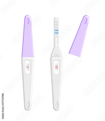 Pregnancy tests with positive and negative results.The cap is removed and put on.Baby planning and birth controlling concept.Poster for pharmacy or Obstetrics and Gynecology Clinic.Vector flat style