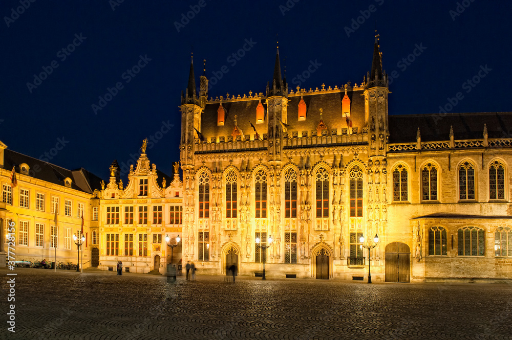 Illuminated Burg plaza at night, Historic centre of Bruges, Belgium, Unesco World Heritage Site.