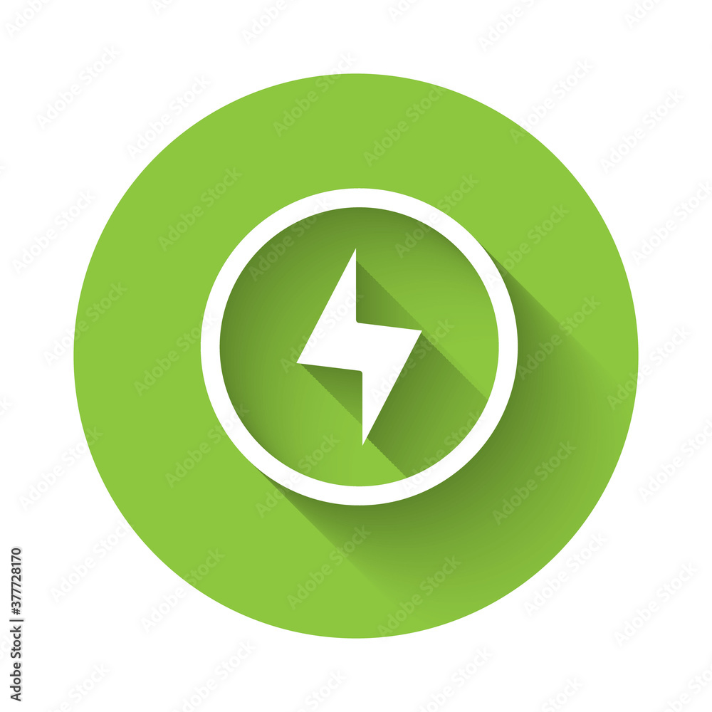 White Lightning bolt icon isolated with long shadow. Flash sign. Charge flash icon. Thunder bolt. Lighting strike. Green circle button. Vector. White Lightning bolt icon isolated with long shadow. Flash sign. Charge flash icon. Thunder bolt. Lighting strike. Green circle button. Vector.