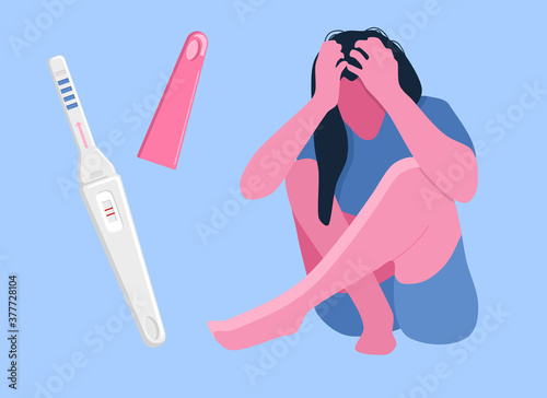 Sad woman depressed and desperate because of a positive pregnancy test.Miscarriage,upcoming abortion.Unwanted baby. Psychological help and support of single mothers and girls in difficult situations.