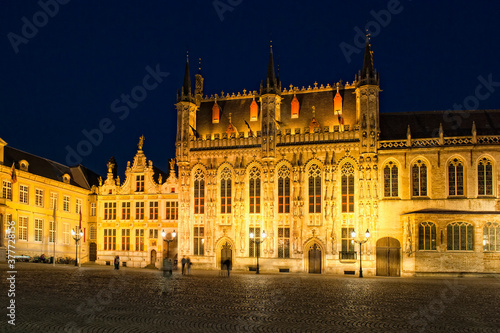 Illuminated Burg plaza at night, Historic centre of Bruges, Belgium, Unesco World Heritage Site.