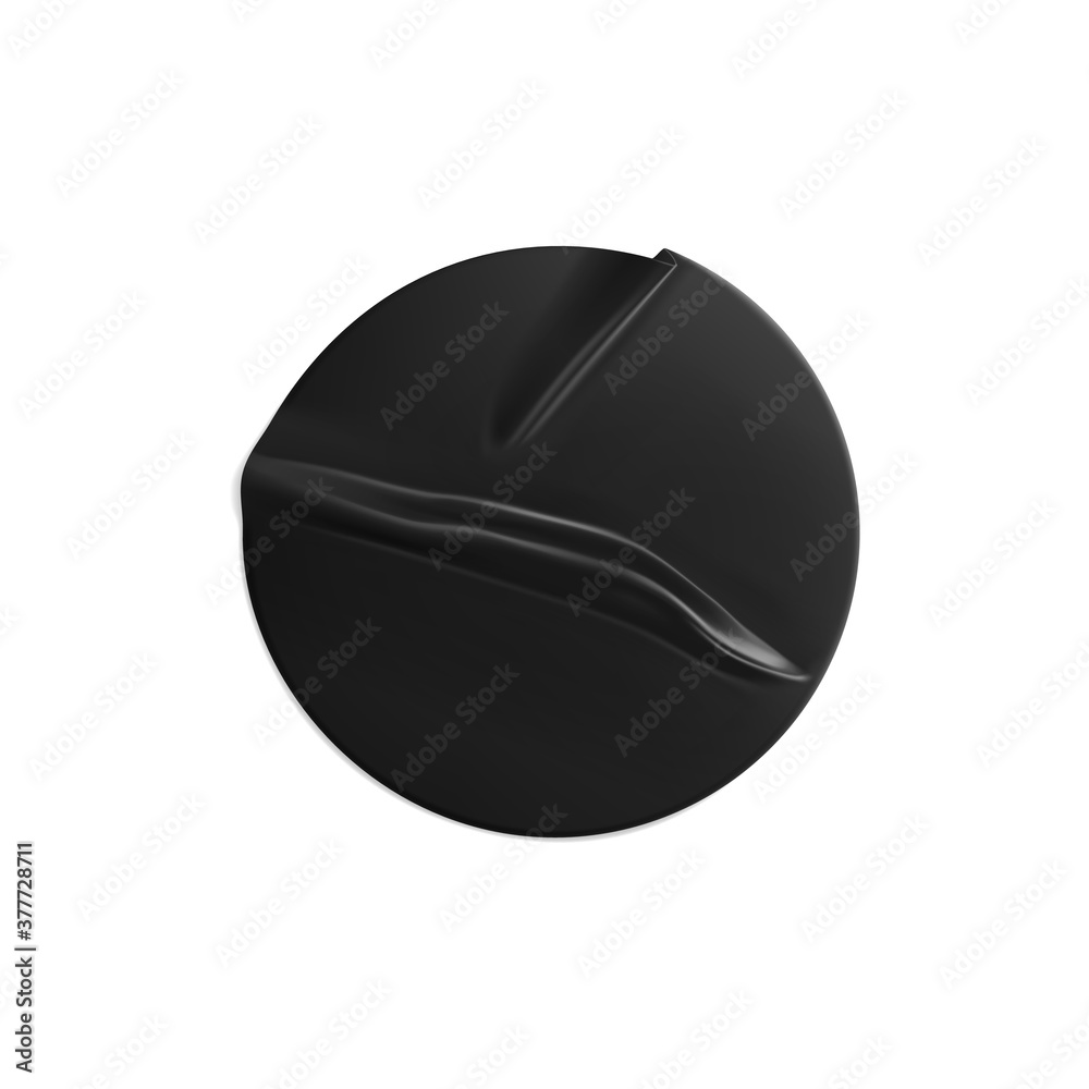 Black glued round crumpled sticker mockup. Adhesive clear black paper or plastic sticker label with glued, wrinkled effect on white background. Blank templates label or price tags. 3d realistic vector Black glued round crumpled sticker mockup. Adhesive clear black paper or plastic sticker label with glued, wrinkled effect on white background. Blank templates label or price tags. 3d realistic vector