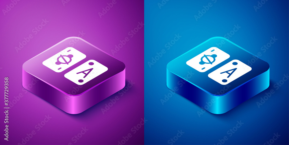 Isometric Tarot cards icon isolated on blue and purple background. Magic occult set of tarot cards. Square button. Vector. Isometric Tarot cards icon isolated on blue and purple background. Magic occult set of tarot cards. Square button. Vector.