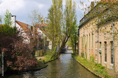 Canal along the Bruges Beguinage Ten Wijngaerde, Historic centre of Bruges, Belgium, Unesco World Heritage Site.e.