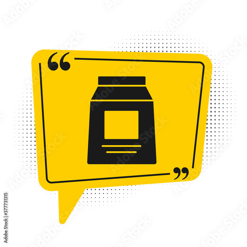Black Sports nutrition bodybuilding proteine power drink and food icon isolated on white background. Yellow speech bubble symbol. Vector.