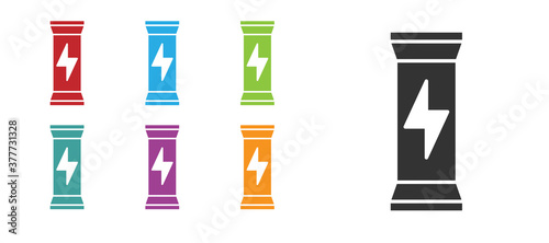 Black Sports nutrition bodybuilding proteine power drink and food icon isolated on white background. Set icons colorful. Vector.