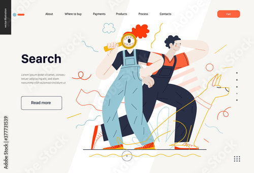 Business topics -search, web template, header. Flat style modern outlined vector concept illustration. Young man looking forward and a woman with magnifying glass looking through it. Business metaphor