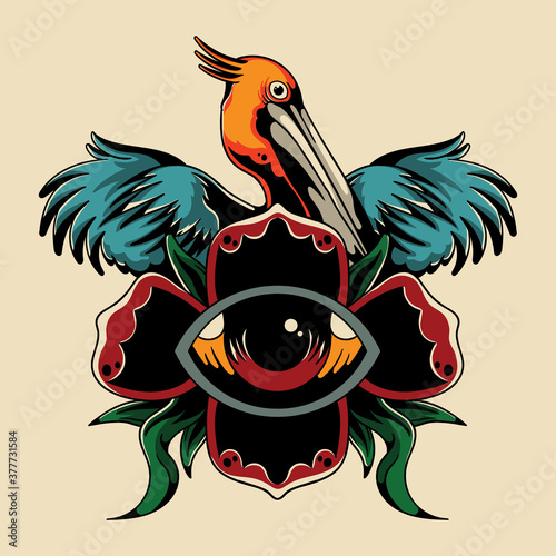 Vintage Colorful Illustration Pelicans and Eyes with Roses around Design Vector