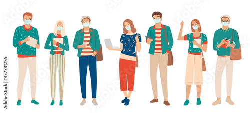  Set of young men and women in medical masks, protection from covid 19, cartoon character, group of silhouettes of standing and walking business people, students with a book and laptop
