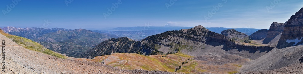 Timpanogos hiking trail landscape views in Uinta Wasatch Cache National Forest, around Utah Lake, in the Rocky Mountains in fall. Views of Midway, Heber, Provo city, Salt Lake and Utah County. USA.