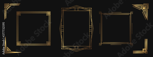 Set of golden decorative elements. Isolated art deco frames and borders
