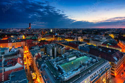 Amazing cityscape of Wroc  aw at night. Poland