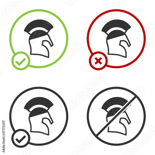 Black Greek helmet icon isolated on white background. Antiques helmet for head protection soldiers with a crest of feathers or horsehair. Circle button. Vector.