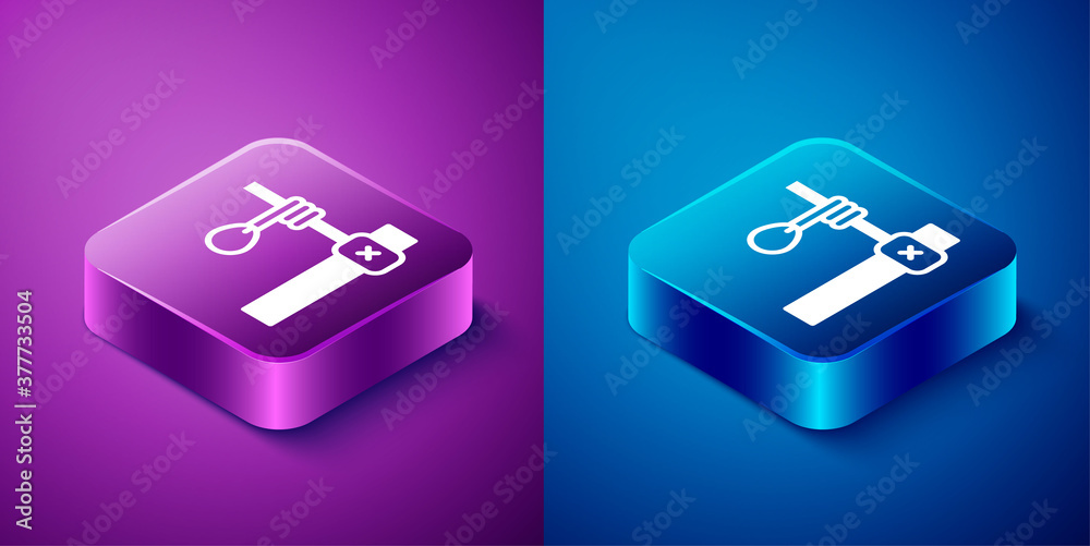 Isometric Gallows rope loop hanging icon isolated on blue and purple background. Rope tied into noose. Suicide, hanging or lynching. Square button. Vector. Isometric Gallows rope loop hanging icon isolated on blue and purple background. Rope tied into noose. Suicide, hanging or lynching. Square button. Vector.