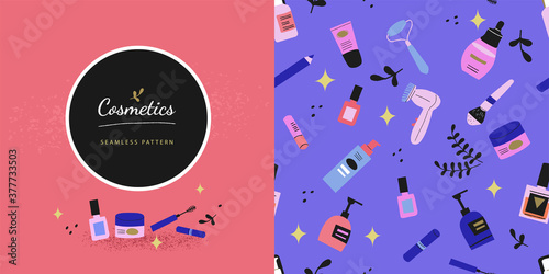 colorful hand drawn seamless cosmetics pattern for packaging, illustration, banner, online shopping. Make up collection for shop, spa and visage. Decorative cosmetics, makeup tools and accessory 