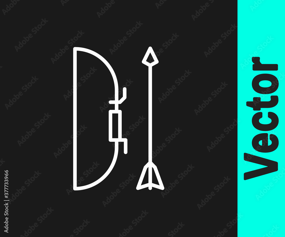 White line Bow and arrow in quiver icon isolated on black background. Vector Illustration. White line Bow and arrow in quiver icon isolated on black background. Vector Illustration.
