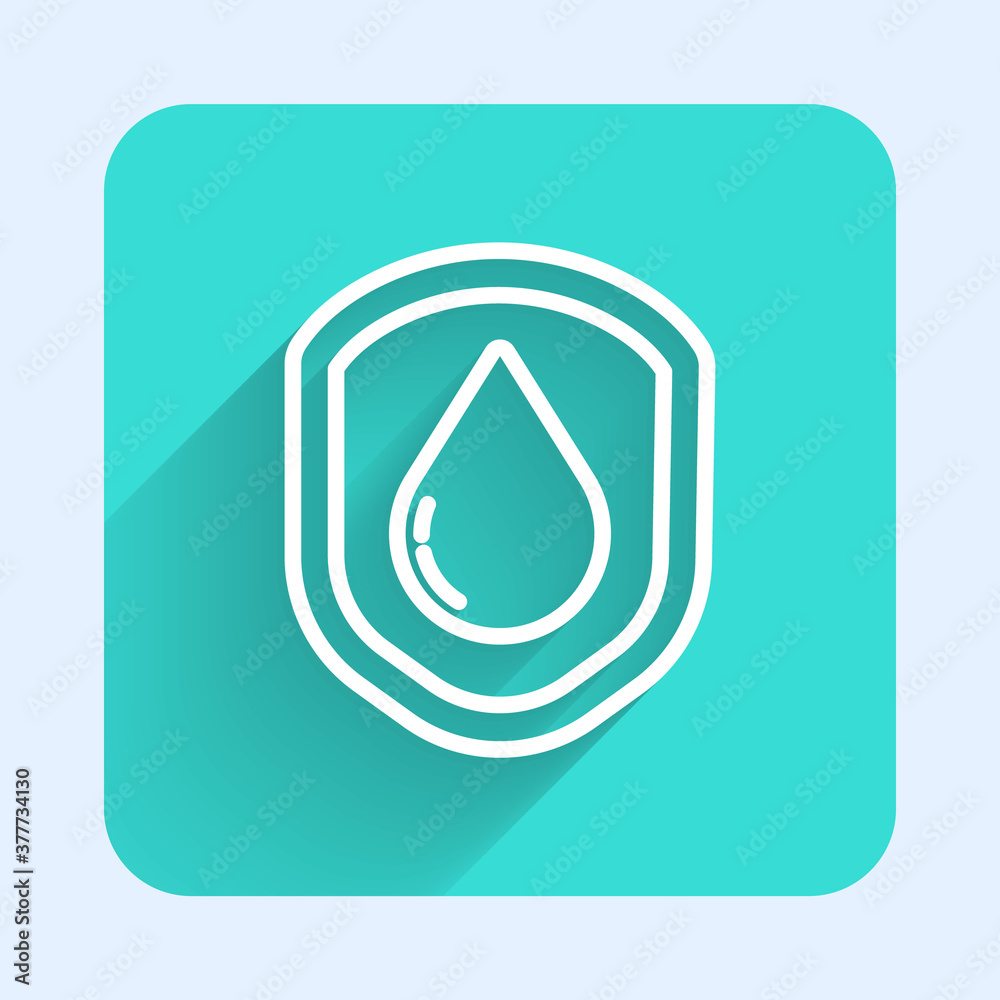 White line Waterproof icon isolated with long shadow. Water resistant or liquid protection concept. Green square button. Vector Illustration. White line Waterproof icon isolated with long shadow. Water resistant or liquid protection concept. Green square button. Vector Illustration.