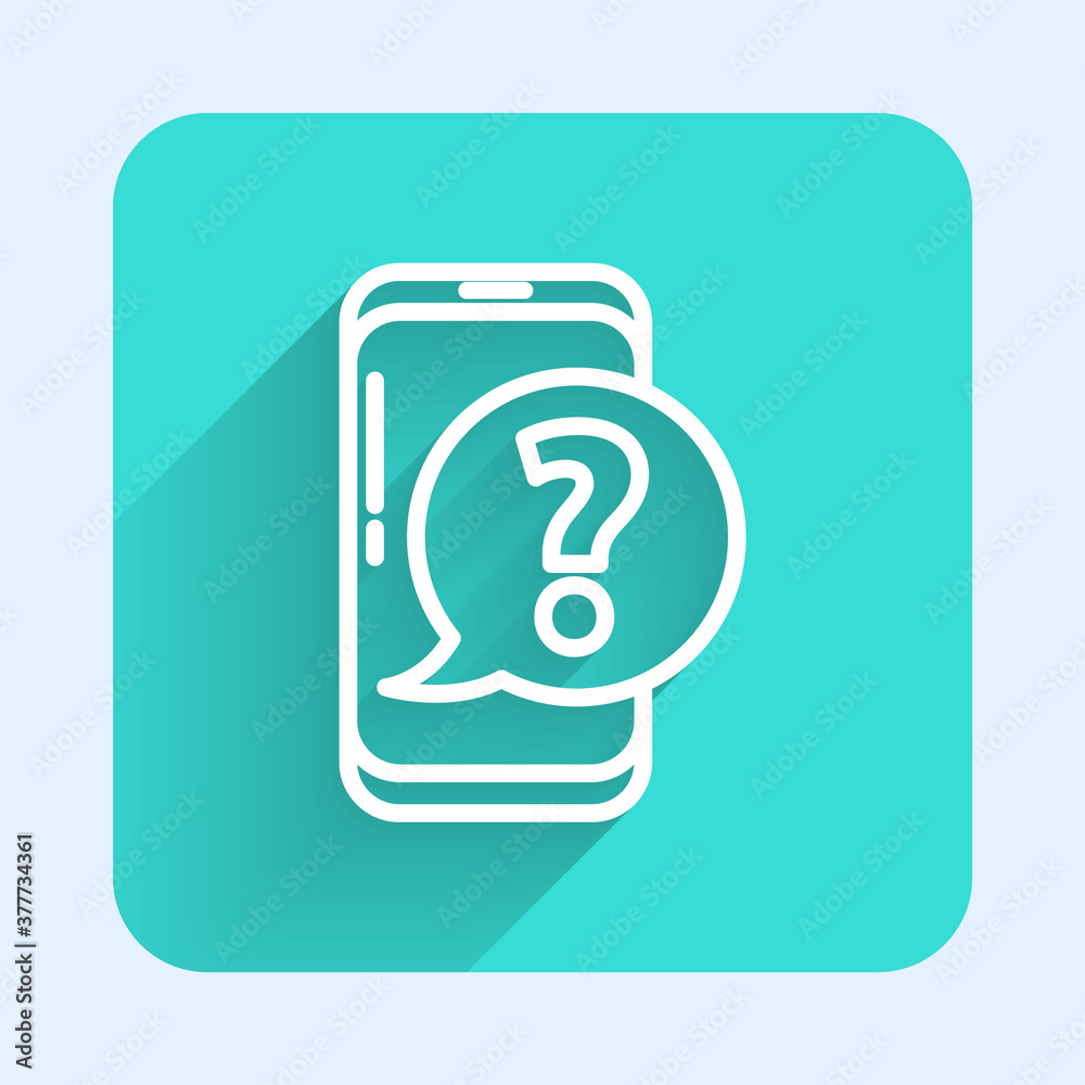 White line Mobile phone with question icon isolated with long shadow. Green square button. Vector Illustration. White line Mobile phone with question icon isolated with long shadow. Green square button. Vector Illustration.