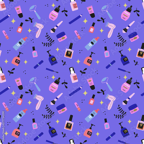 colorful hand drawn seamless cosmetics pattern for packaging, illustration, banner, online shopping. Make up collection for shop, spa and visage. Decorative cosmetics, makeup tools and accessory 