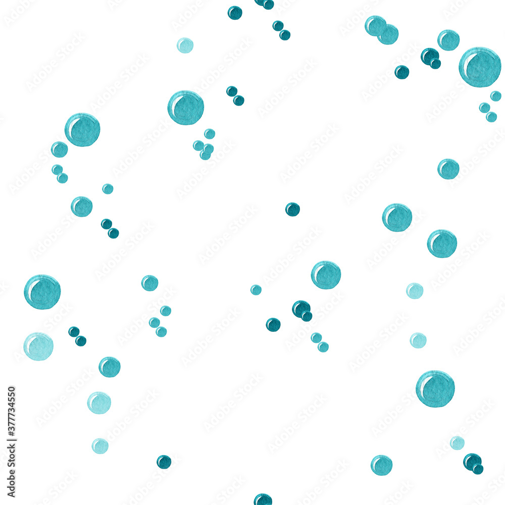 watercolor blue air bubbles seamless pattern, underwater bubbles on white background