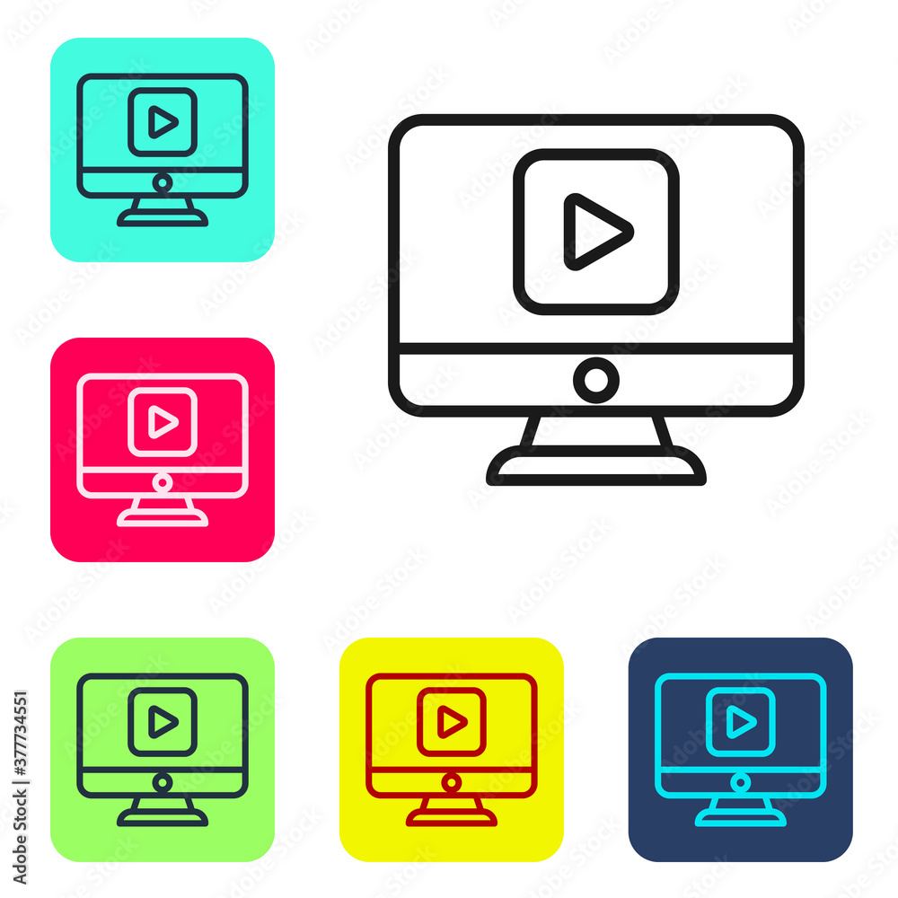 Black line Online play video icon isolated on white background. Computer monitor and film strip with play sign. Set icons in color square buttons. Vector Illustration.