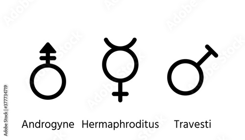 Gender symbols. Vector. Androgyne, hermaphroditus and travesti orientation signs. Set outline black icons isolated on white background. Simple illustration. Sexual concept. photo
