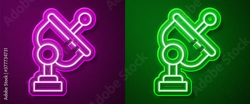 Glowing neon line Radar icon isolated on purple and green background. Search system. Satellite sign. Vector Illustration.