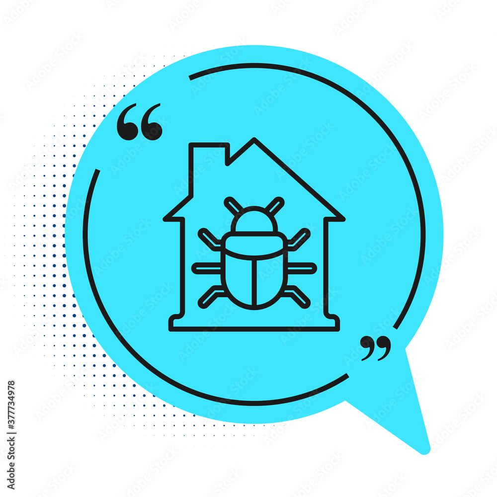 Black line House system bug concept icon isolated on white background. Code bug concept. Bug in the system. Bug searching. Blue speech bubble symbol. Vector. Black line House system bug concept icon isolated on white background. Code bug concept. Bug in the system. Bug searching. Blue speech bubble symbol. Vector.