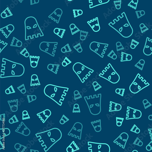 Green line Executioner mask icon isolated seamless pattern on blue background. Hangman, torturer, executor, tormentor, butcher, headsman icon. Vector.