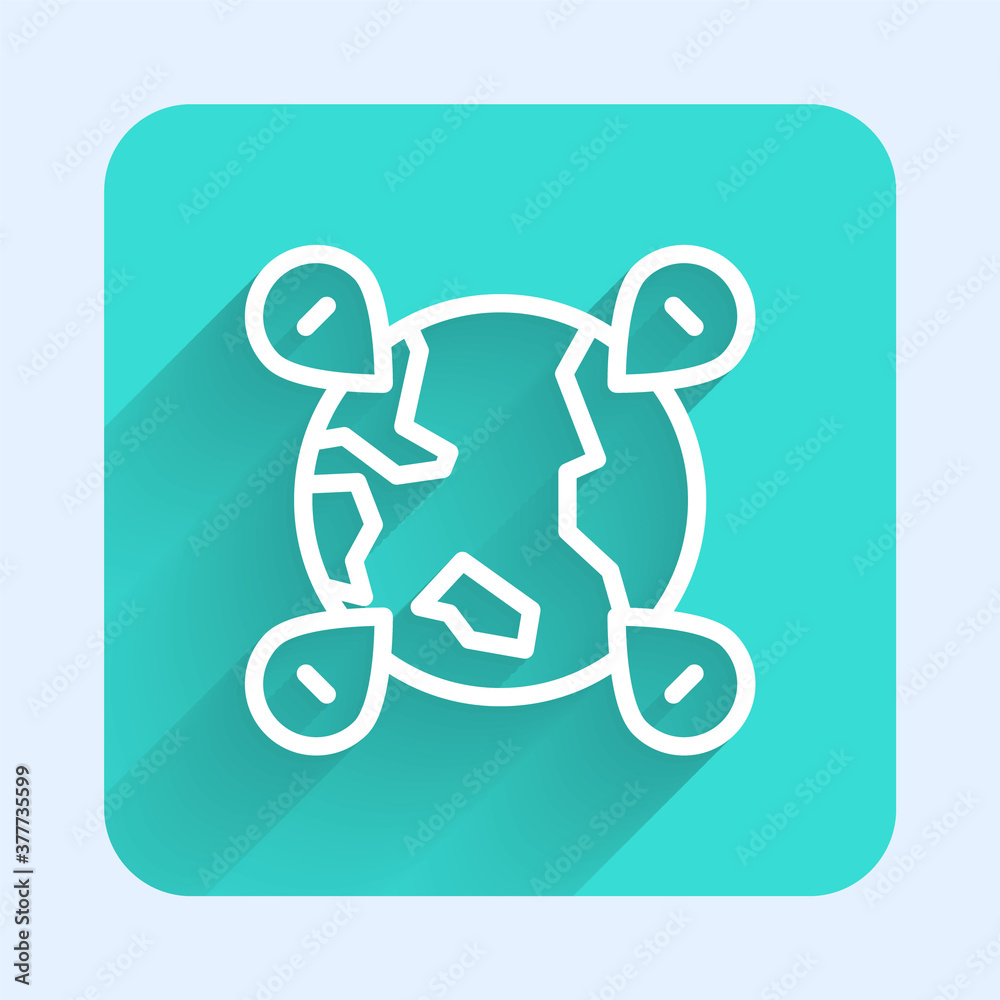 White line Location on the globe icon isolated with long shadow. World or Earth sign. Green square button. Vector. White line Location on the globe icon isolated with long shadow. World or Earth sign. Green square button. Vector.