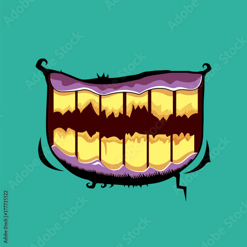 Vector cartoon funny zombie monster mouth with rotten teeth isolated on an azure background. Vector happy Halloween kids t-shirt design template with funky monster mouth