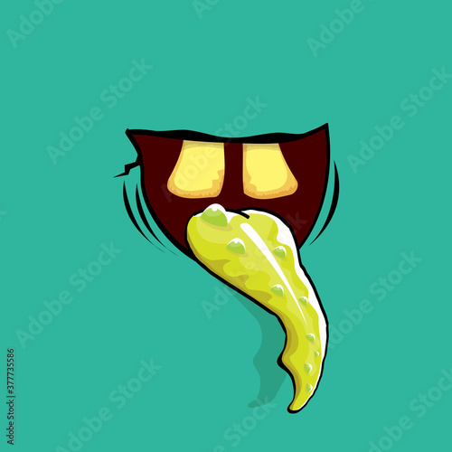 Vector cartoon funny zombie monster mouth with rotten teeth and green tongue isolated on an azure background. Vector happy Halloween kids t-shirt design template with funky monster mouth