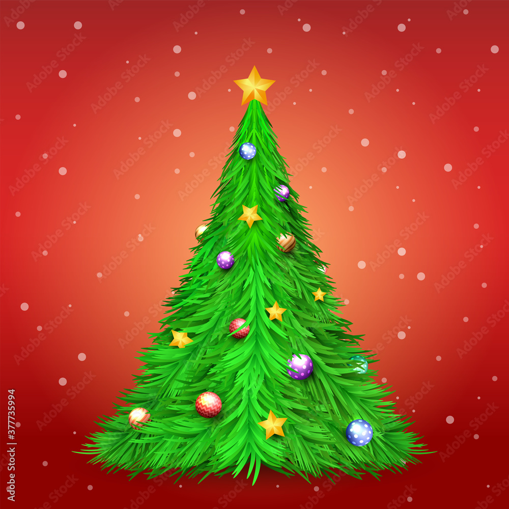 Christmas tree with decoration ball and star on red background with snow