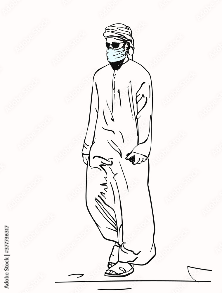 Sketch of muslim arabic man in traditional white clothes uses medical face mask on beard, walks and waves with hand, Coronavirus prevention, Hand drawn vector illustration Sketch of muslim arabic man in traditional white clothes uses medical face mask on beard, walks and waves with hand, Coronavirus prevention, Hand drawn vector illustration