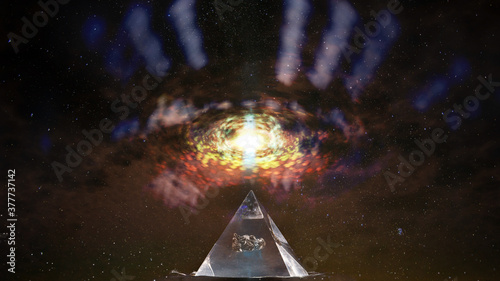 All seeing eye or Eye of Providence. Pyramid and eye above in a starry sky. Elements of this image furnished by NASA. photo