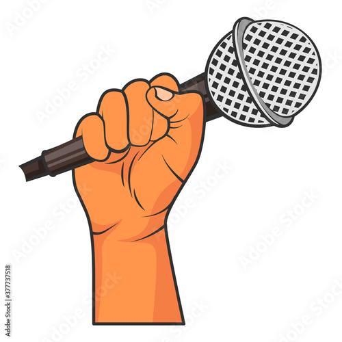 Microphone in a hand isolated vector illustration. Sound recording. Podcast recording. Professional sound recording equipment. 