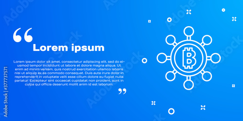 White line Blockchain technology Bitcoin icon isolated on blue background. Abstract geometric block chain network technology business. Vector.