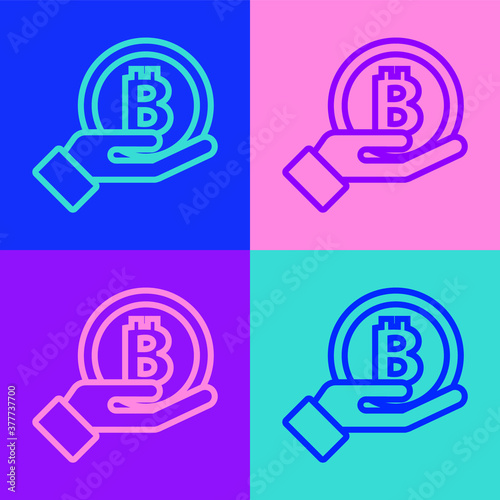Pop art line Hand holding Bitcoin icon isolated on color background. Blockchain technology, digital money market, cryptocoin wallet. Vector.
