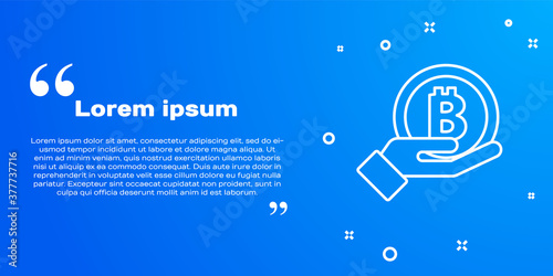 White line Hand holding Bitcoin icon isolated on blue background. Blockchain technology, digital money market, cryptocoin wallet. Vector.