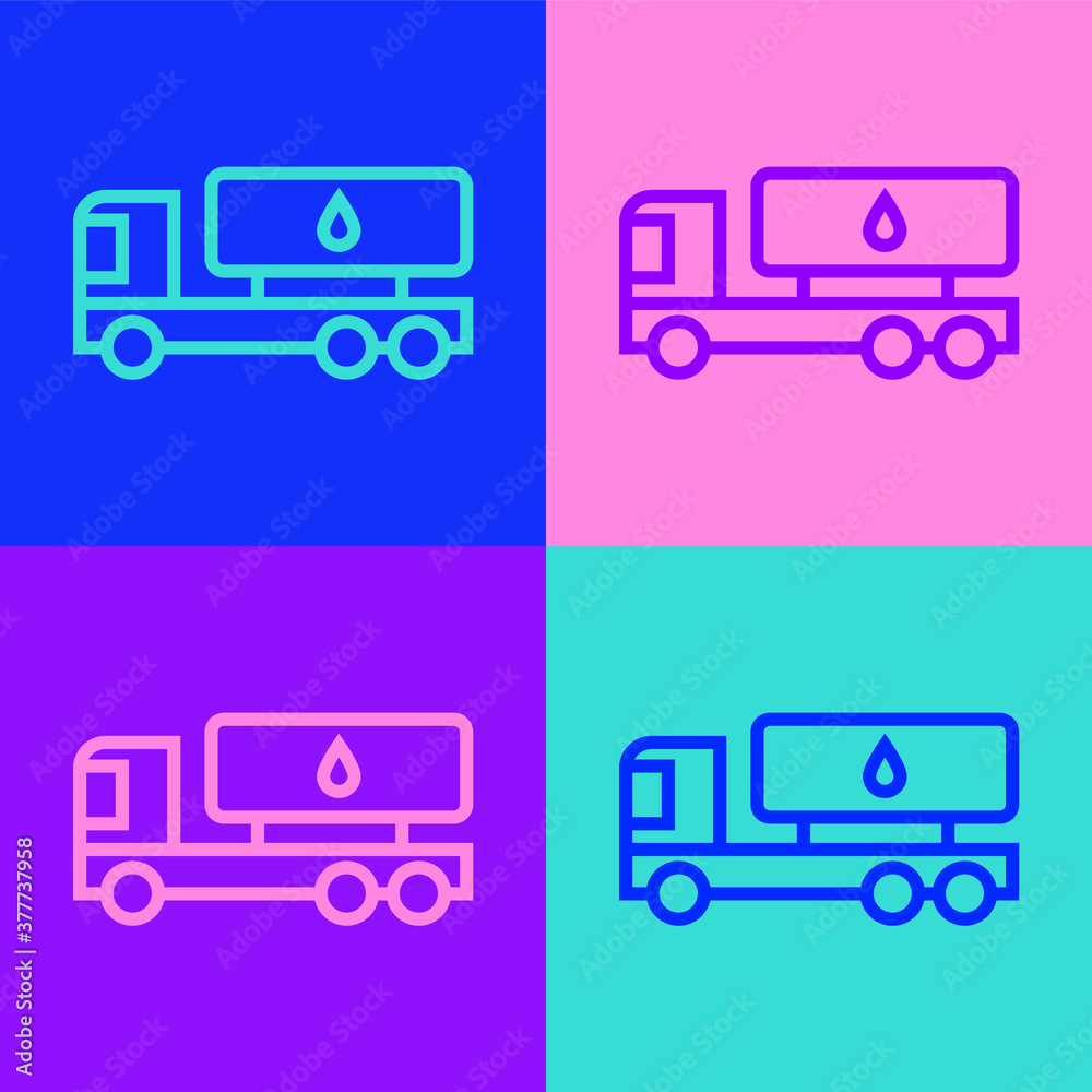 Pop art line Tanker truck icon isolated on color background. Petroleum tanker, petrol truck, cistern, oil trailer. Vector. Pop art line Tanker truck icon isolated on color background. Petroleum tanker, petrol truck, cistern, oil trailer. Vector.