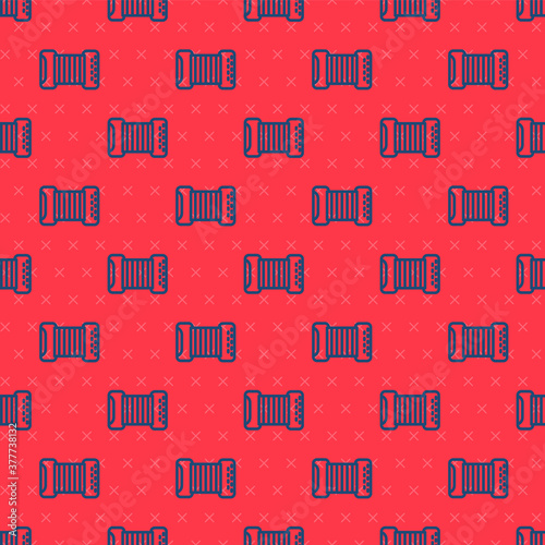 Blue line Musical instrument accordion icon isolated seamless pattern on red background. Classical bayan, harmonic. Vector.