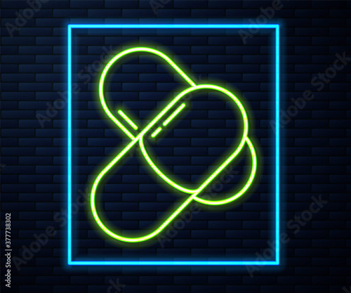 Glowing neon line Sports nutrition bodybuilding proteine power drink and food icon isolated on brick wall background. Vector.