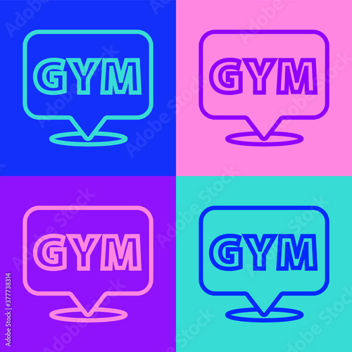 Pop art line Location gym icon isolated on color background. Vector.