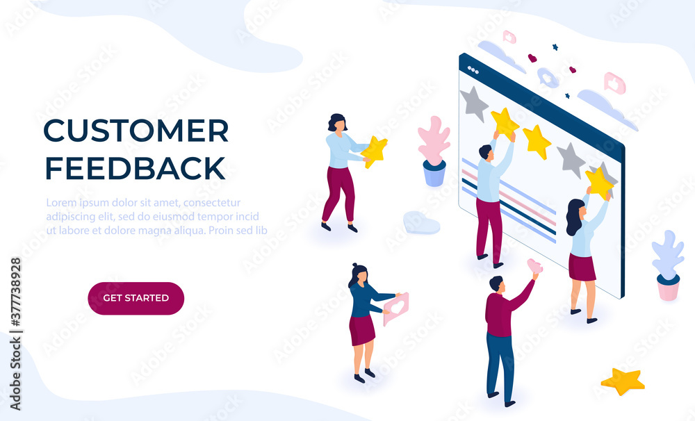 Customer feedback. Online review. Rating flat vector concept. Isometric tiny people cling stars to the huge web page Customer feedback. Online review. Rating flat vector concept. Isometric tiny people cling stars to the huge web page