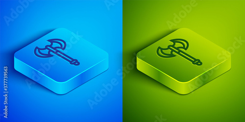 Isometric line Medieval axe icon isolated on blue and green background. Battle axe, executioner axe. Medieval weapon. Square button. Vector.